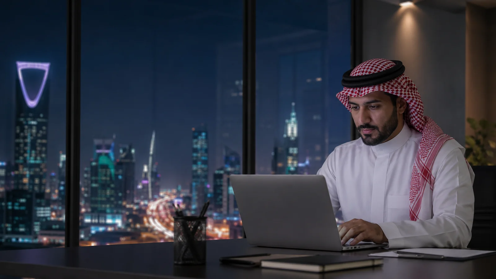 مهني سعودي يعمل على حاسوبه