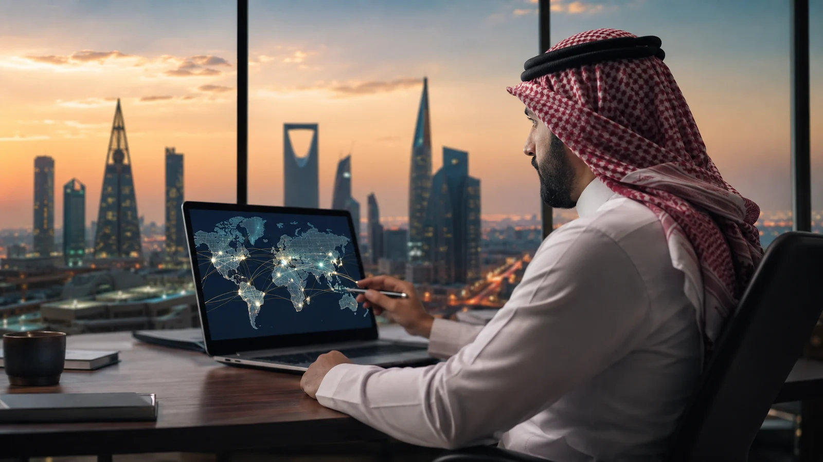 Saudi professional working on a laptop
